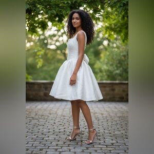 White Jacquard Bow Back Semi-Formal Mini Dress Size 8 ✨ (NWOT)